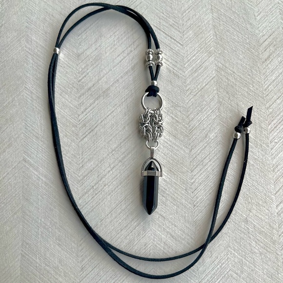 Handmade maille necklace with black obsidian bullet adjustable choker boho goth - Picture 10 of 16